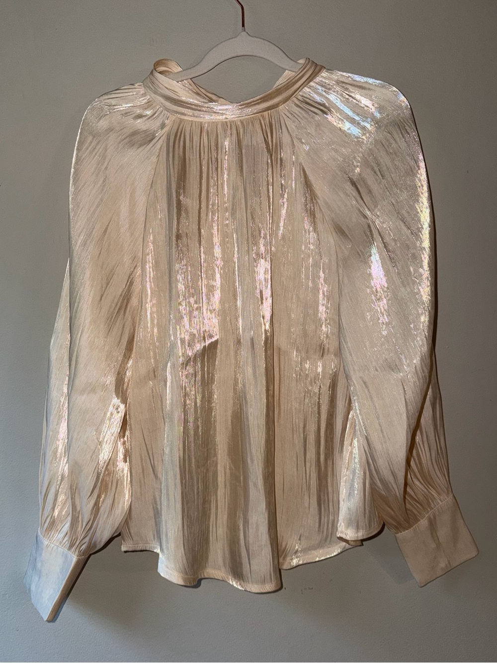 Blu Pepper-  Champagne Metallic Tie Neck Blouse Balloon Sleeve Size Small